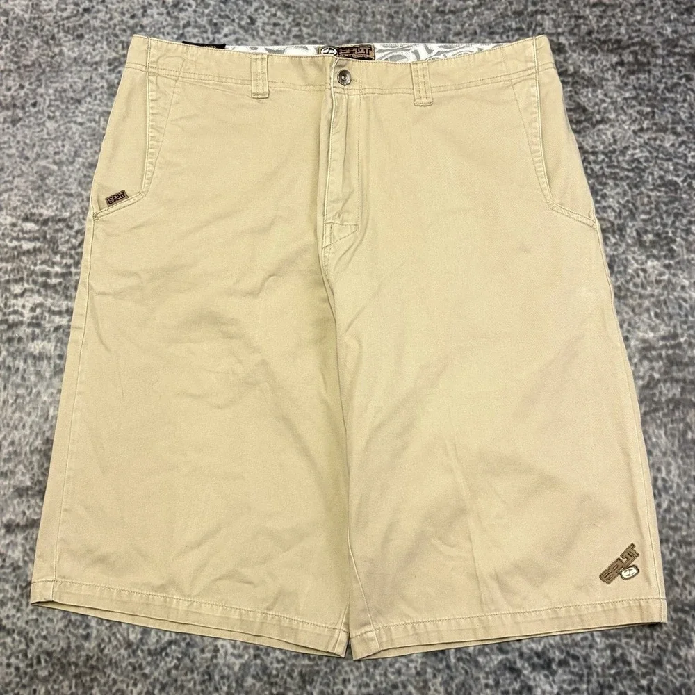 Vintage Y2K Split Shorts Flat Front Chino Mens 36 Tan Baggy Skater BMX Grunge